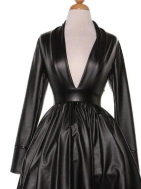 Black faux leather minidress with a deep V-neck and long sleeves.